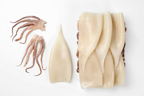 Pana Pesca Fully Cleaned Todarodes Raw Squid Tubes and Tentacles - 8/1 inch Tubes, 2.5 Pound -- 4 per case.