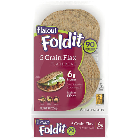 Flatout Pattco Five Grain Flax Artisan Flatbread, 1.7 Ounce - 5 per pack -- 12 packs per case.