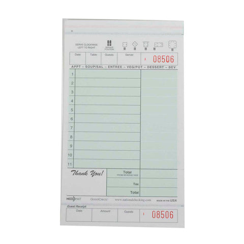 Guestcheck Pad - No Carbon, 2Pt Green, 11 Line, 4.25X7.25 Inch, Snap Apart 250 Sets Per Book -- 2000 Per Case.