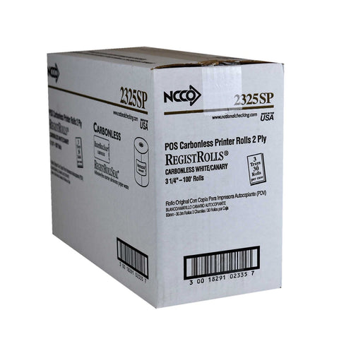 National Checking Company White/Canary Carbonless 2 Ply Register Roll Tape, 3.25 inch -- 30 per case.
