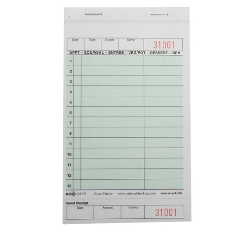 National Checking Company Carbonless Guest Check Board - 2 Part Green, 13 Line, 4.20 x 7.25 inch -- 2000 per case.