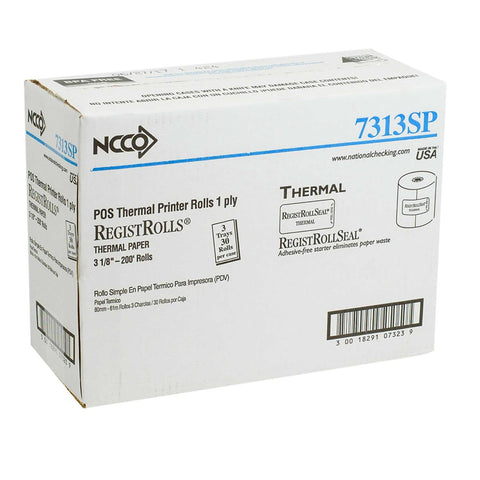National Checking Company White 1 Ply Register Roll Tape, 3.13 inch -- 30 rolls per case.