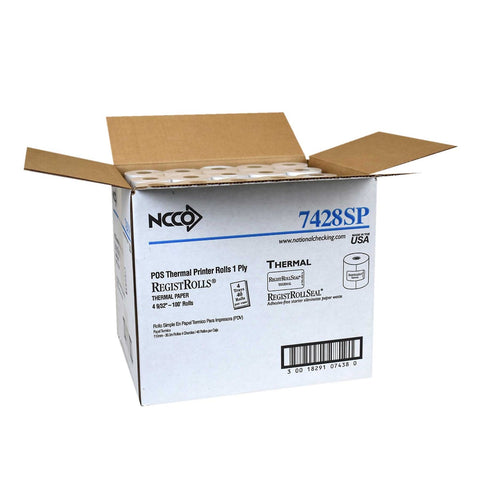 National Checking Company White 1 Ply Register Roll Tape, 4.28 inch -- 40 rolls per case.