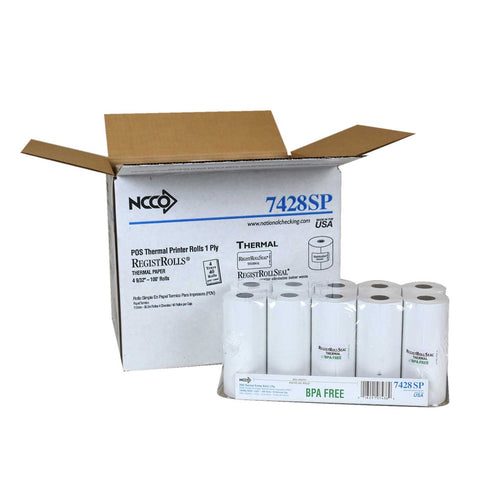 National Checking Company White 1 Ply Register Roll Tape, 4.28 inch -- 40 rolls per case.