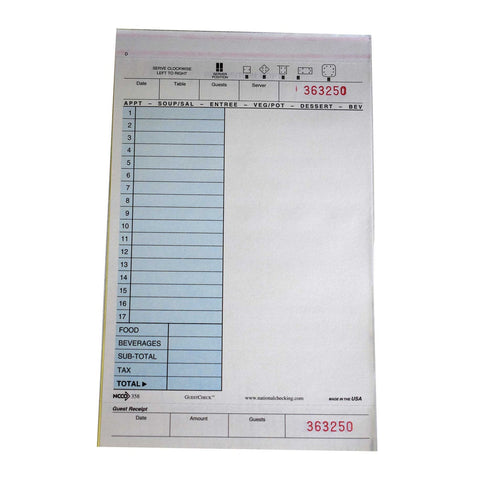National Checking No Carbon 3 Part 17 Line Blue Guestcheck, 250 checks per book -- 8 books per case.