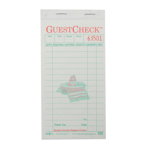 National Checking Company Carbonless Guest Check Paper - 2 Part White, 15 Line, 3.4 x 6.75 inch -- 50 per case.
