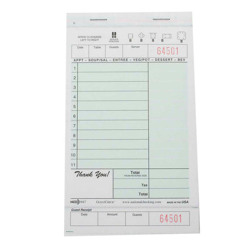 National Checking Company Carbonless Guest Check Board - 2 Part Green, 11 Line, 4.20 x 7.25 inch -- 2000 per case.