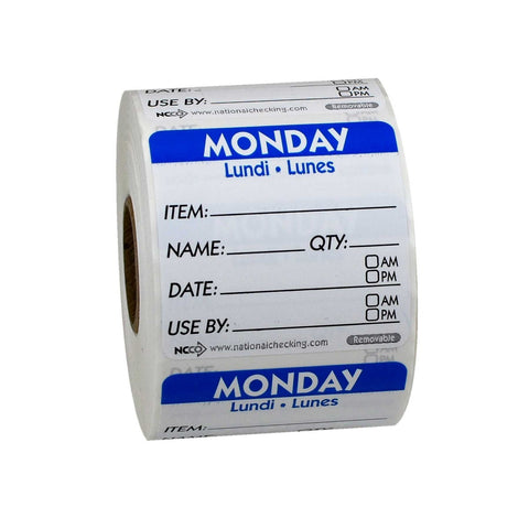 National Checking Monday Item Date Use By Removable Trilingual Label, 2 x 2 inch 500 labels per roll -- 18 rolls per case.