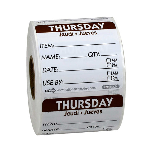 National Checking Thursday Item Date Use By Removable Trilingual Label, 2 x 2 inch 500 labels per roll -- 18 rolls per case.