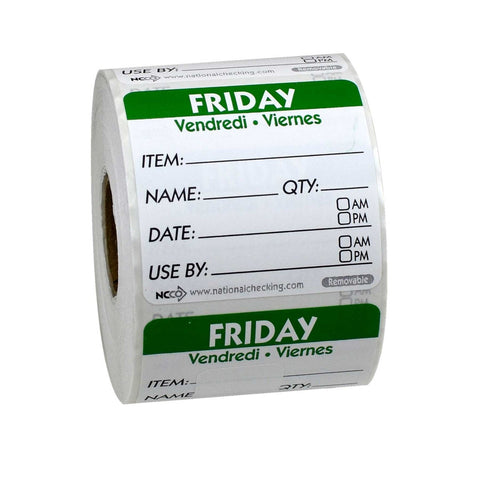National Checking Friday Item Date Use By Removable Trilingual Label, 2 x 2 inch 500 labels per roll -- 18 rolls per case.