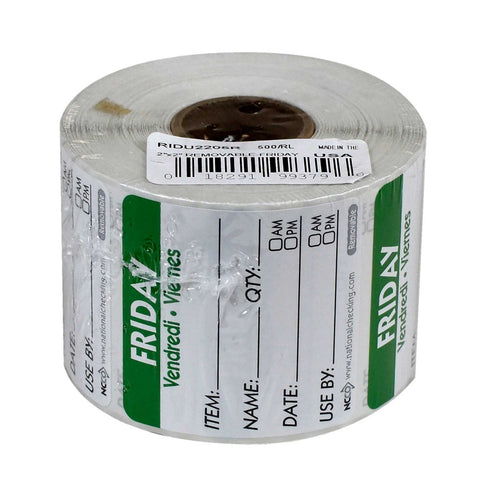 National Checking Friday Item Date Use By Removable Trilingual Label, 2 x 2 inch 500 labels per roll -- 18 rolls per case.
