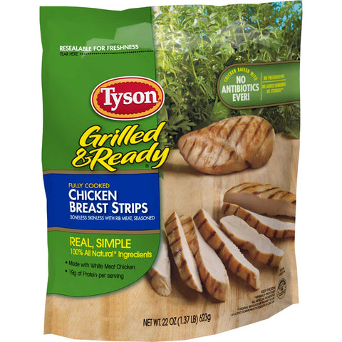 Tyson Fully Cooked Boneless Skinless Chicken Breast Strips with Seasoned Rib Meat , 1.375 Pound -- 8 per case.