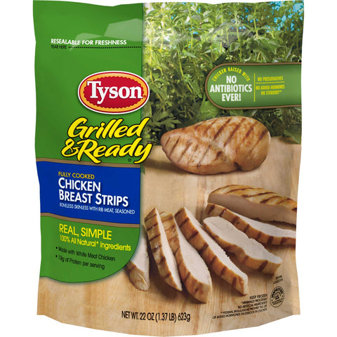Tyson Fully Cooked Boneless Skinless Chicken Breast Strips with Seasoned Rib Meat , 1.375 Pound -- 8 per case.