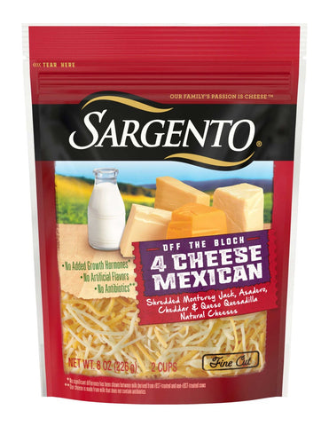 Sargento Four Cheese Mexican Blend Shredded Cheese, 8 Ounce -- 12 per case.