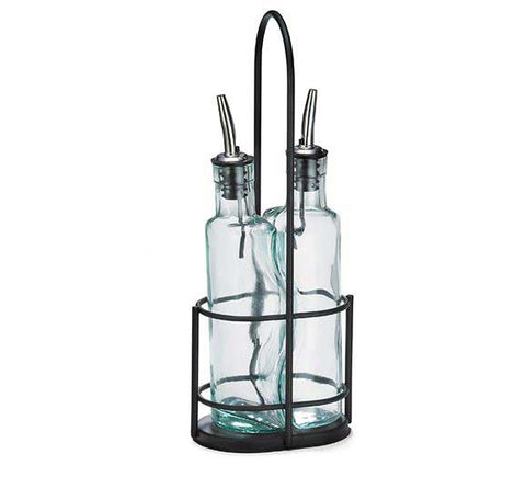 Tablecraft Gemelli Set - Stainless Steel Pourer Bottles with Black Powder Coated Metal Rack, 8 1/2 Ounce -- 6 per case.