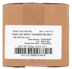 Tazo Organic Spicy Ginger Tea, 20 tea bags per pack -- 6 per case