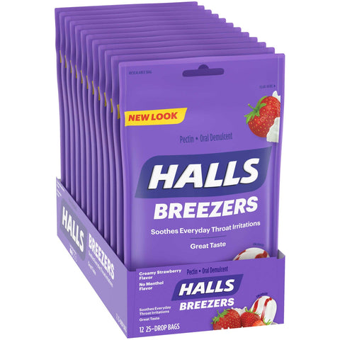 Halls Breezers Creme Strawberry Pectin Throat Drops - 25 per pack -- 48 packs per case.