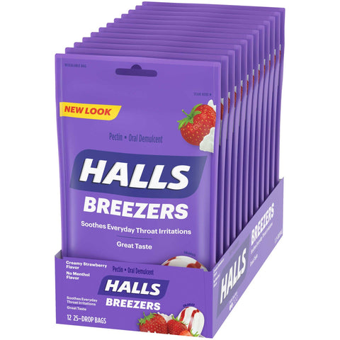 Halls Breezers Creme Strawberry Pectin Throat Drops - 25 per pack -- 48 packs per case.