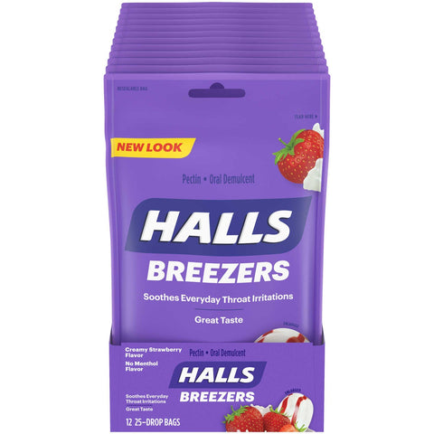 Halls Breezers Creme Strawberry Pectin Throat Drops - 25 per pack -- 48 packs per case.