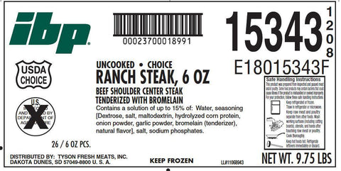Tyson Choice Marinated Ranch Steak, 6 Ounce -- 26 per case.