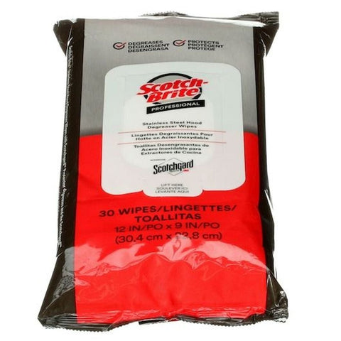 Scotch Brite Stainless Steel Hood Degreaser Wipes with Scotchgard Protector - 30 per pack -- 6 packs per case