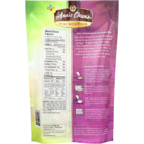 Annie Chuns Chicken and Garlic Mini Wonton, 8 Ounce -- 9 per case.