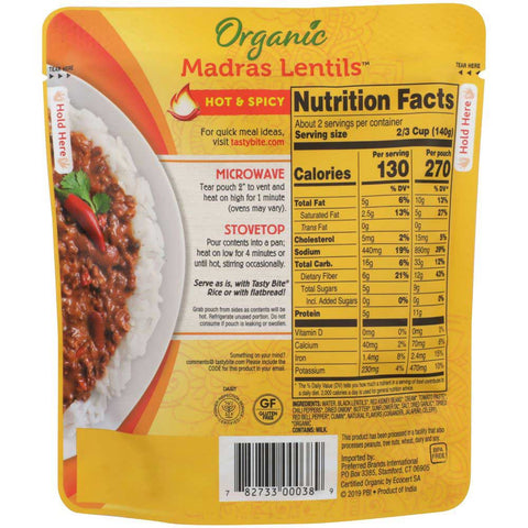 Tasty Bite Organic Hot and Spicy Madras Lentil, 10 Ounce -- 6 per case