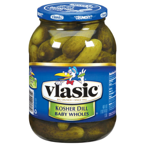 Vlassic Crunchy Pickles, Wholes, Kosher Baby Dill, 46 Ounce -- 6 per case.