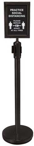Winco Black 2 Piece Stanchion Set with 1 Social Distancing Sign -- 1 set