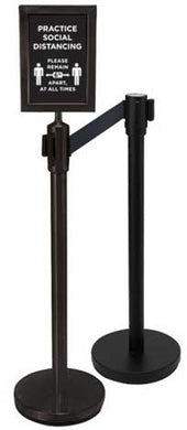 Winco Black 2 Piece Stanchion Set with 1 Social Distancing Sign -- 1 set