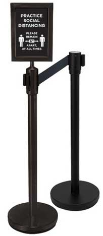 Winco Black 2 Piece Stanchion Set with 1 Social Distancing Sign -- 1 set