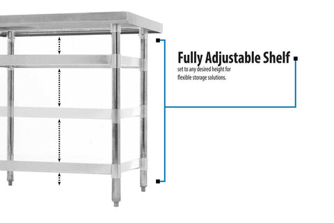 BK Resources 18 Gallon T-430 Stainless Steel Flat Top Work Table with Galvanized Undershelf and Galvanized Legs, 30 inch Width x 30 inch Depth
