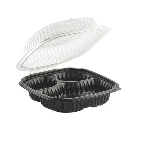 Anchor Packaging Culinary Lites  3-Compartment Black Base with Clear Anti-Fog Tear-Away Lid Hinged Container, 9 x 9 x 3.125 inch -- 100 per case