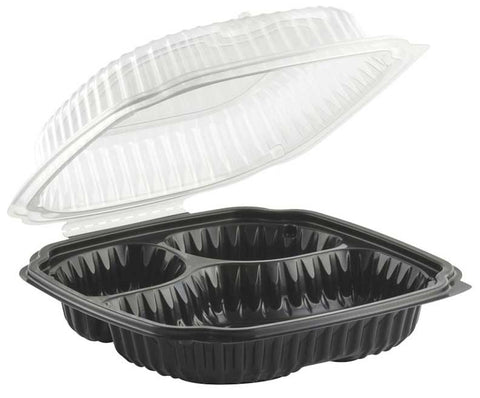 Anchor Packaging Polypropylene Black Base 3 Compartment Container with Clear 1-Compartment Lid, 9.5 x 10.5 inch -- 100 per case