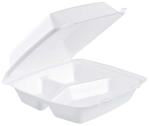 Dart Extruded Polystyrene Medium White Three Compartment Insulated Foam Container, 8.4 x 8 x 3.2 inch -- 200 per case