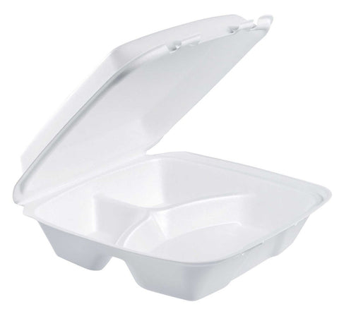 Dart White Expanded Polystyrene Foam Large Three Compartment Hinged Lid Container, 9.4 x 9 x 3 inch -- 200 per case