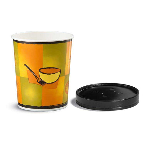 Huhtamaki Streetside Round Yellow Green Black Paper Food Container with Lid, 32 Ounce Capacity -- 250 per case