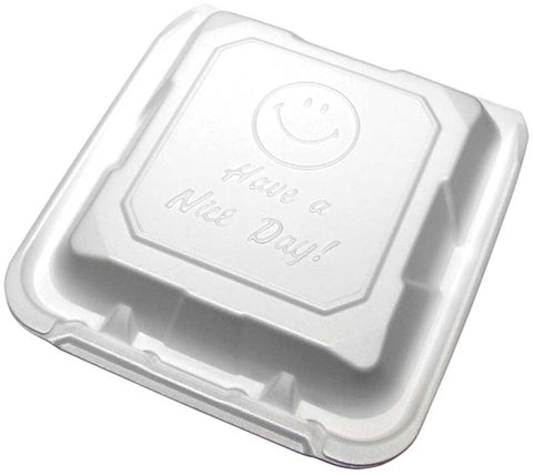 Pactiv Polystyrene Foam Medium White Happy Face Super Shallow 1 Compartment Container, 8 Ounce Capacity -- 200 per case