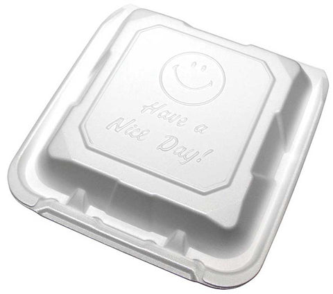 Pactiv Polystyrene Foam Medium White Happy Face Super Shallow 3 Compartment Container, 8 Ounce Capacity -- 200 per case