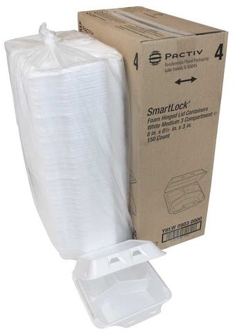 Pactiv SmartLock Polystyrene Foam Medium White 3-Compartment Hinged-Lid Takeout Container, 8 Ounce Capacity -- 150 per case
