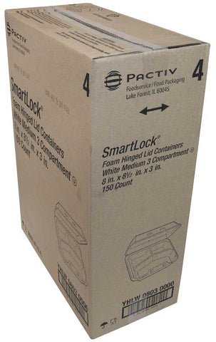 Pactiv SmartLock Polystyrene Foam Medium White 3-Compartment Hinged-Lid Takeout Container, 8 Ounce Capacity -- 150 per case
