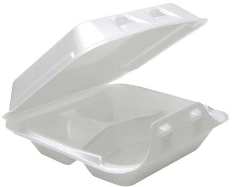 Pactiv SmartLock Polystyrene Foam Medium White 3-Compartment Hinged-Lid Takeout Container, 8 Ounce Capacity -- 150 per case