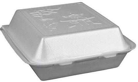 Pactiv Oriental Medium Double Laminated 3 Compartment White Expanded Polystyrene Foam Hinged Lid Container, 8.43 x 3.12 inch -- 150 per case
