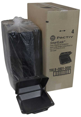Pactiv Polystyrene Foam Large Black Economy 1-Compartment Hinged-Lid Takeout Container, 8 Ounce Capacity -- 150 per case