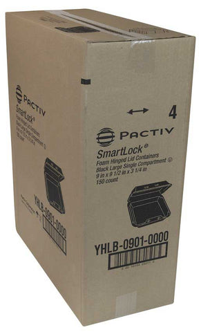 Pactiv Polystyrene Foam Large Black Economy 1-Compartment Hinged-Lid Takeout Container, 8 Ounce Capacity -- 150 per case