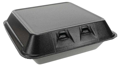 Pactiv Polystyrene Foam Large Black Economy 1-Compartment Hinged-Lid Takeout Container, 8 Ounce Capacity -- 150 per case