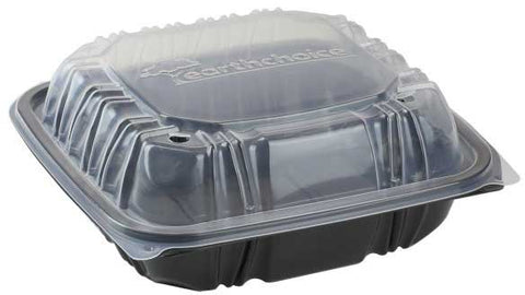Pactiv Black/Clear Vented Microwavable 1-Compartment Hinged-Lid Takeout Container, 8.5 x 8.5 inch -- 150 per case