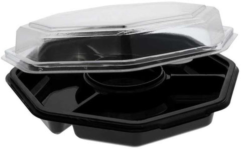 Pactiv Recyclable RPET Octagon 4 Compartment Black Base Take Out Container with Clear Hinged Lid, 6.5 x 6.5 x 2.625 inch -- 150 per case