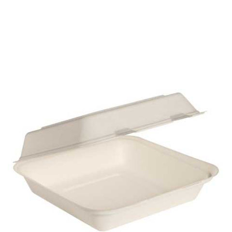 Solo Bare Ivory Sugarcane Bagasse Square Takeout Hinged Container, 9.4 x 9.5 x 3.2 inch -- 200 per case