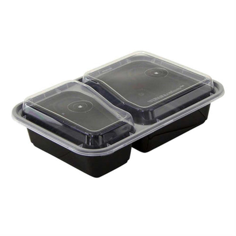Pactiv Newspring Versatainer Rectangle 2-Compartment Black Base with Clear Lid Microwaveable Container, 30 Ounce Capacity -- 150 per case
